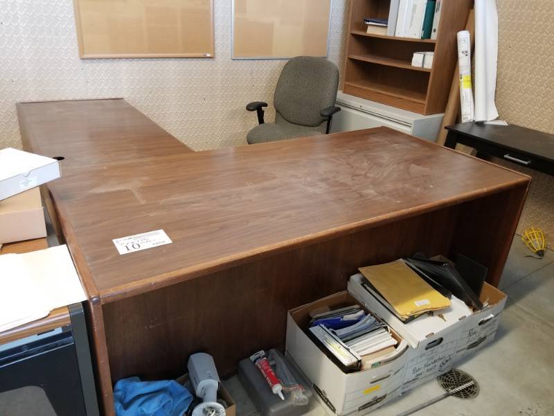 L-Shaped 2-Piece 6-Drawer Wood Office Desk, Rolling Office Arm Chair