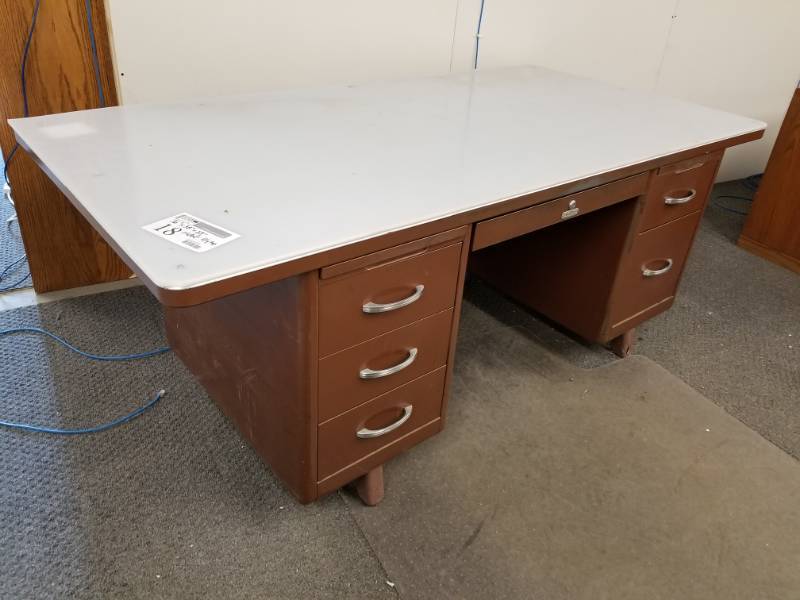 Steel Age 6 Locking Drawer Office Desk With Metal Poly Top Center