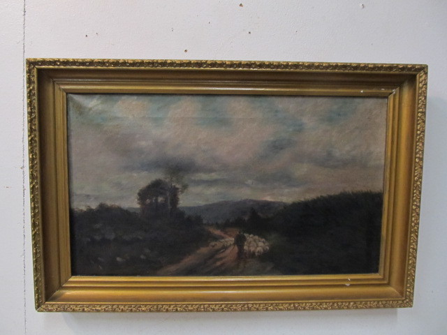 lot 22 image: Framed Antique Oil on Canvas Painting Pastoral Sheep Herding Scene