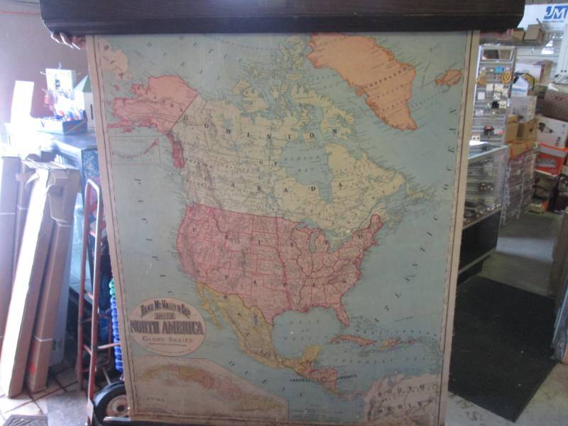 lot 127 image: Vintage Wood Hanging Roll Down Map ...