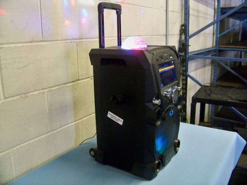 lot 3 image: Singing Machine, Portable Loudspeaker  Speaker with Bluetooth, Disco Ball Light Effect and Front Display Lighting