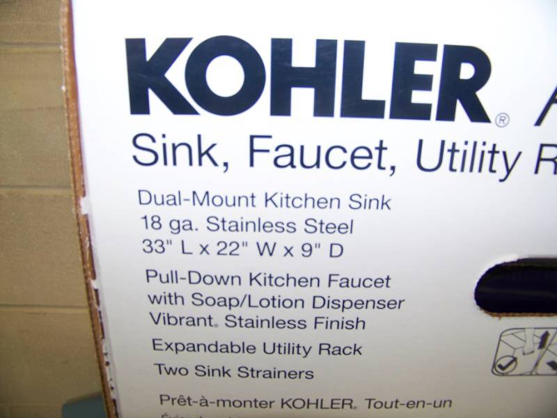 lot 75 image: Kohler, Stainless Steel, Double-Bowl Kitchen Sink and Faucet Package - NEW in Original, Sealed Box