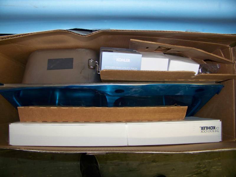lot 77 image: Kohler, Stainless Steel, Double-Bowl Kitchen Sink and Faucet Package - NEW in Original, Open Box