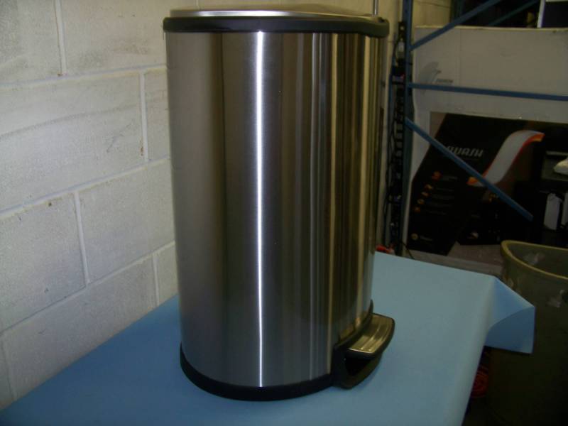 lot 97 image: Testrite, Semi-Round, Stainless Steel, Step (Foot Pedal) Open, Soft Close, Garbage Can - NEW in Original, Open Box