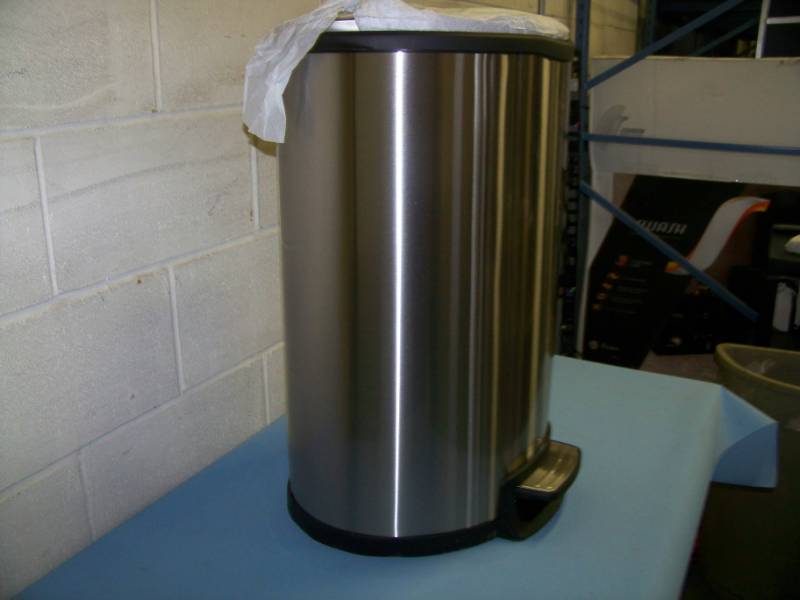 lot 98 image: Testrite, Semi-Round, Stainless Steel, Step (Foot Pedal) Open, Soft Close, Garbage Can - NEW in Original, Open Box