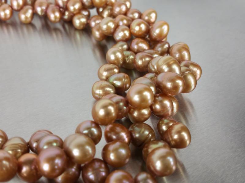lot 47 image: Three Strand Peach Champagne Pearl Necklace in 14k Gold