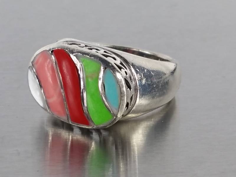 lot 111 image: Turquoise, Mother of Pearl, Coral, Etc Sterling Estate Ring