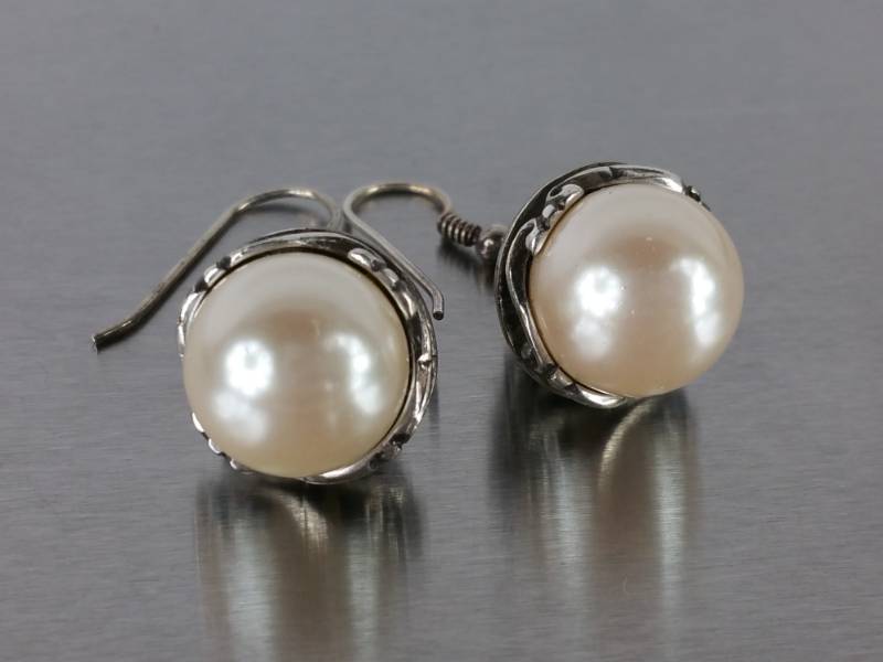lot 120 image: White Pearl Hoop Earrings in Sterling Silver