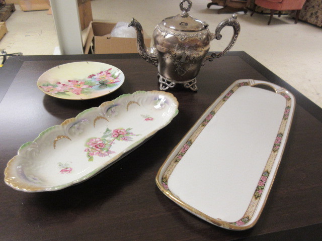 ANTIQUE TEAPOT, TRAYS AND PLATE