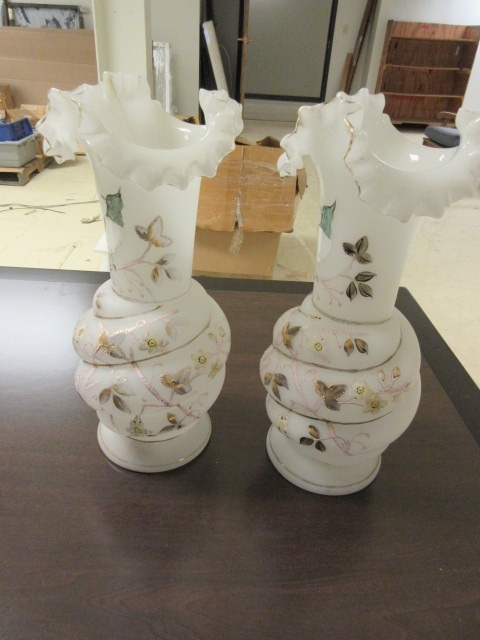 TALL, RUFFLE TOP HAND BLOWN, HAND PAINTED GLASS
