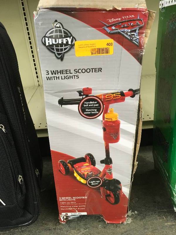 lot 403 image: Huffy Lightning Mcqueen 3 Wheel Scooter W Lights, Retail $34.99
