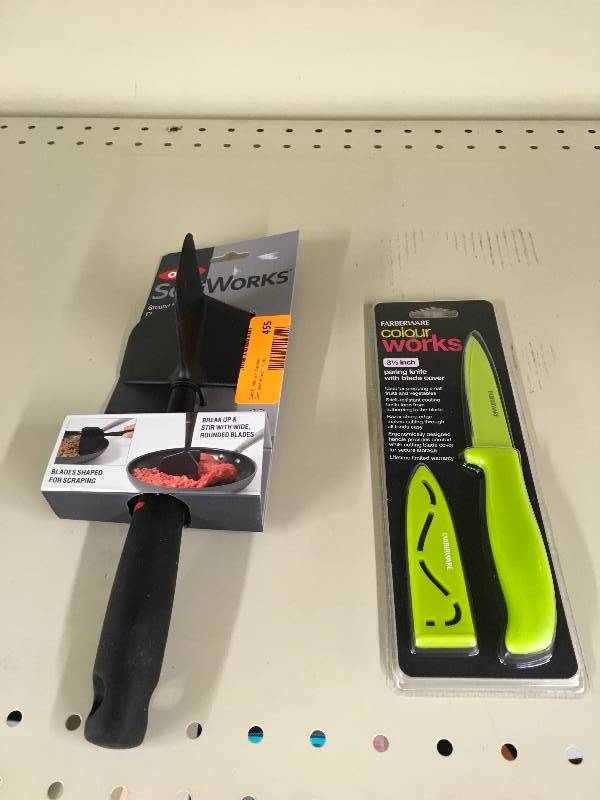 lot 455 image: Oxo Ground Meat Chopper & Turner And Farberware 3.5 In. Pairing Knife, Retail $16.99
