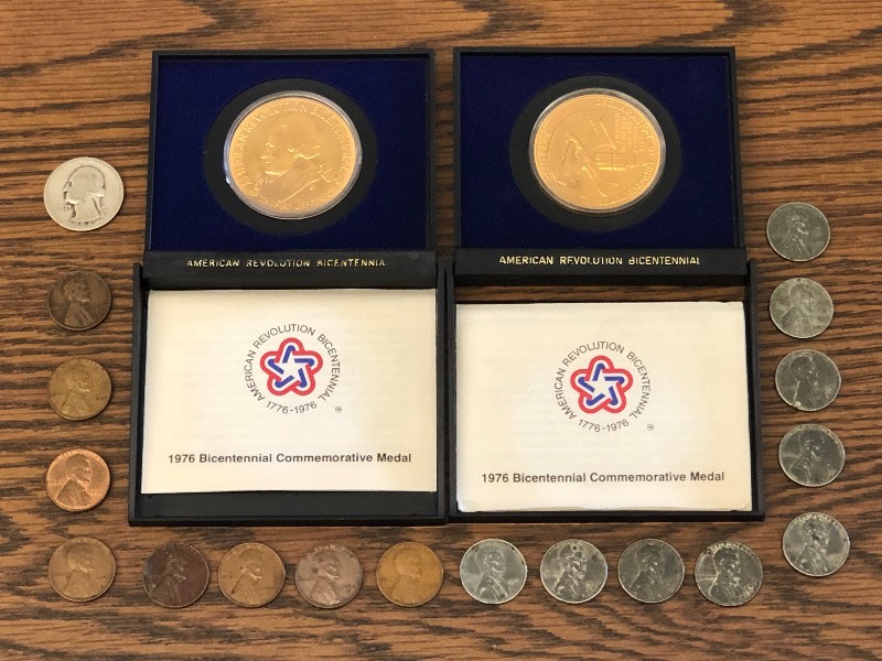 (2) Bicentennial Commemorative Medals, Assorted Wheat Pennies, Etc