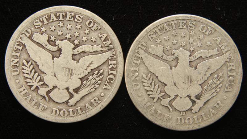 2 BARBER HALF DOLLARS 1904 1908-D
