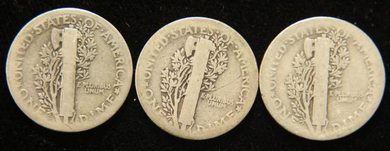3 EARLY DATE MERCURY DIMES 1917 1917-D 1917-S