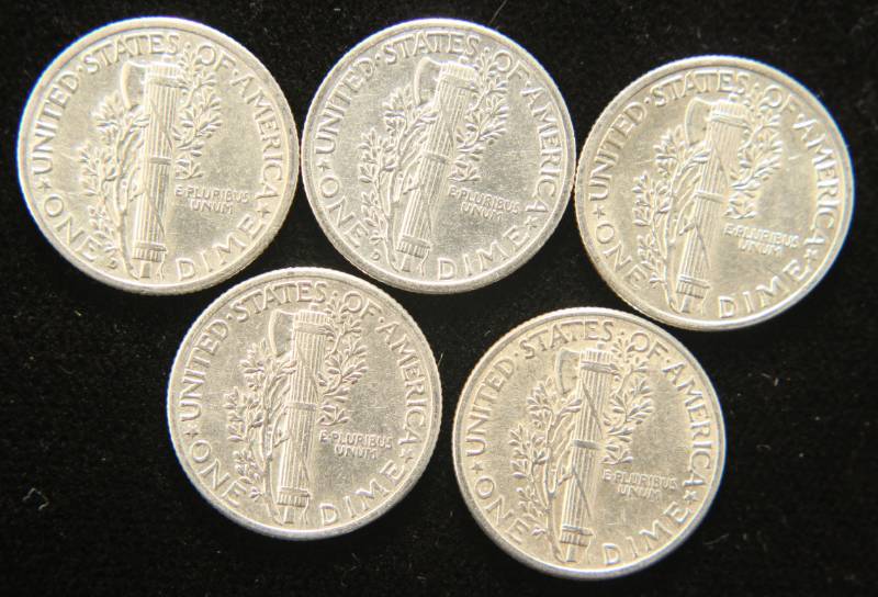 5 AU-UNC MERCURY SILVER DIMES
