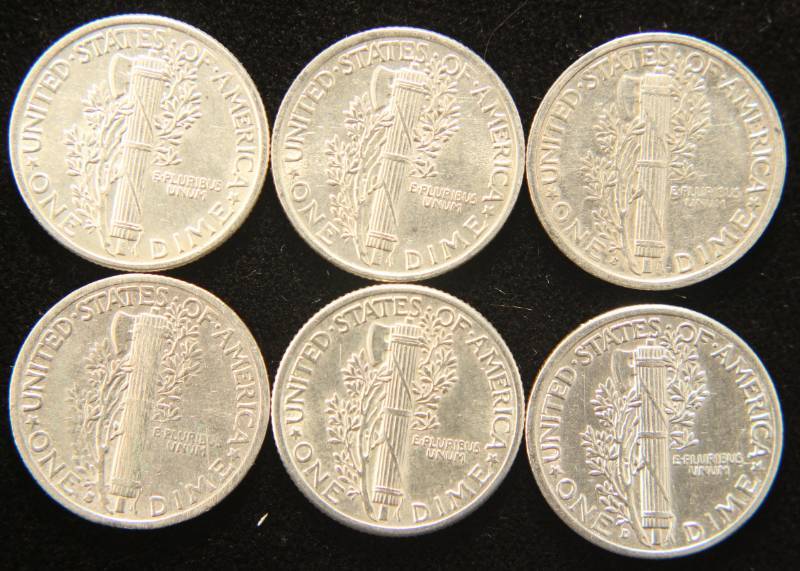 6 AU-UNC MERCURY SILVER DIMES