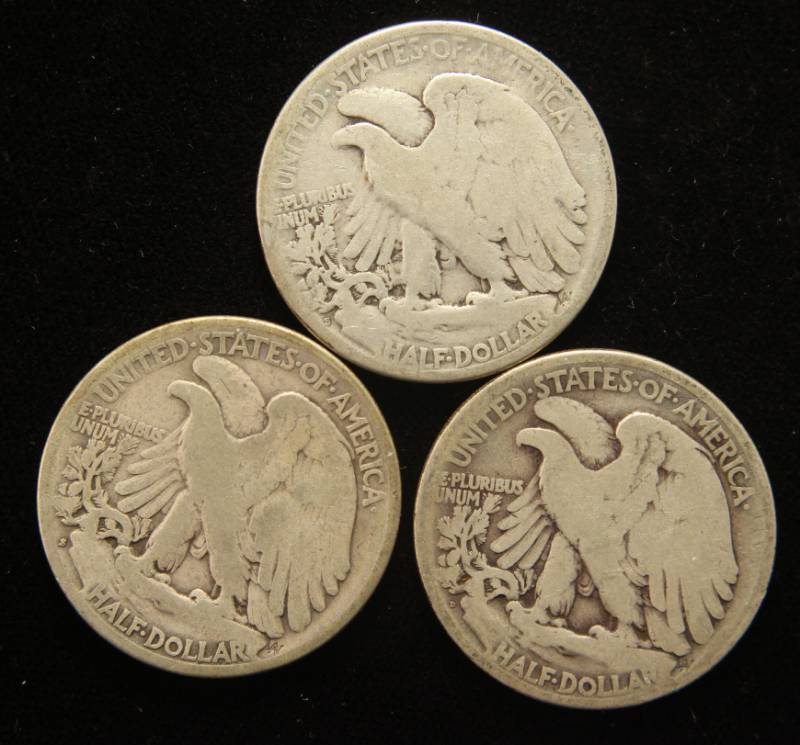 3 WALKING LIBERTY HALF DOLLARS 1923-S 1928-S 1929-S