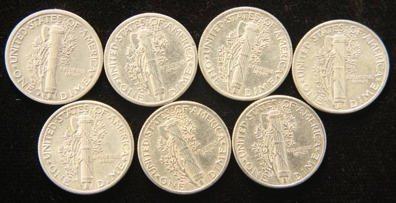 7 AU-UNC MERCURY SILVER DIMES