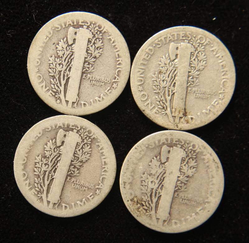 4 EARLY DATE MERCURY DIMES 1917-D 1918 1919-D 1920