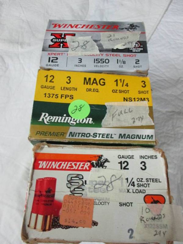 lot 28 image: 1 full box , 3 steel shot 12 ga and 31 rounds 12 ga 2 steel shot