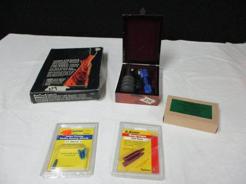 lot 36 image: Turkey Call, Dummy Rounds, Remington 700 Micrometer Style Bedding Pillars refill Kit Flashlights, army knives, Anheuser busch box, Complete stock finish kit223 remington snap caps and 17 mach 2 action proving rimfire dymmy rounds