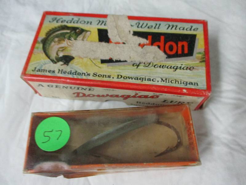 lot 57 image: Vintage  Johnson Spoon and Antique Plug and Heddon Made Genuine Dowangiac plug