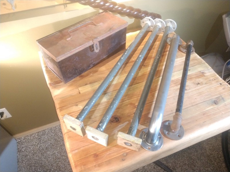 lot 5 image: Wood Coat Hanging Fixture - Vintage Metal Toolbox - Wood Spindle - Chisel-like Attachments (2) - Industrial Pipes w Flange Hardwares (5)