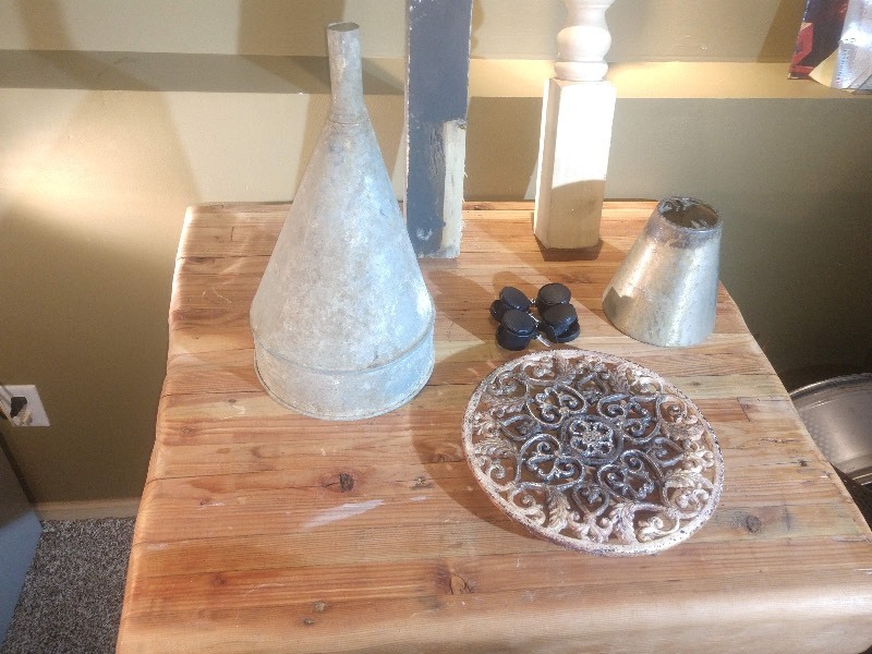 lot 6 image: Vintage Galvanized Funnel - Ornate Cast Iron Trivet - Plastic Casters - Vintage Drain Fitting Cup - Wooden Balusters (2)