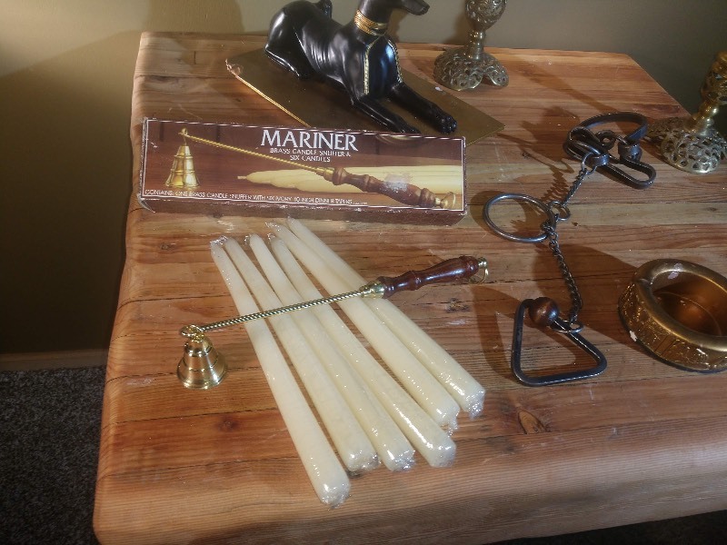 lot 10 image: Brass Candle Snuffler - Candles - Candlesticks (2) - Egyptian Dog Decor, Ashtray - Chain Puzzle