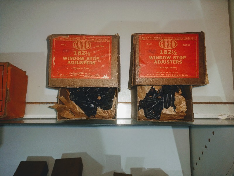lot 33 image: Assorted Bolts and Screws - Window Stop Adjusters - Wright Door Handles (2) - Box of Carex Cane Tips - Star Scruin Lead Anchors