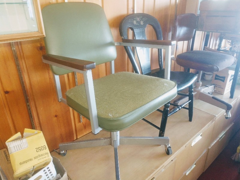 lot 63 image: Mid-Century Green Adjustable Office Chair on Wheels w Armrest - Vintage Black Wooden Chair w Hand Painted Flowers - Mid-Century Brown Office Chair on Wheels