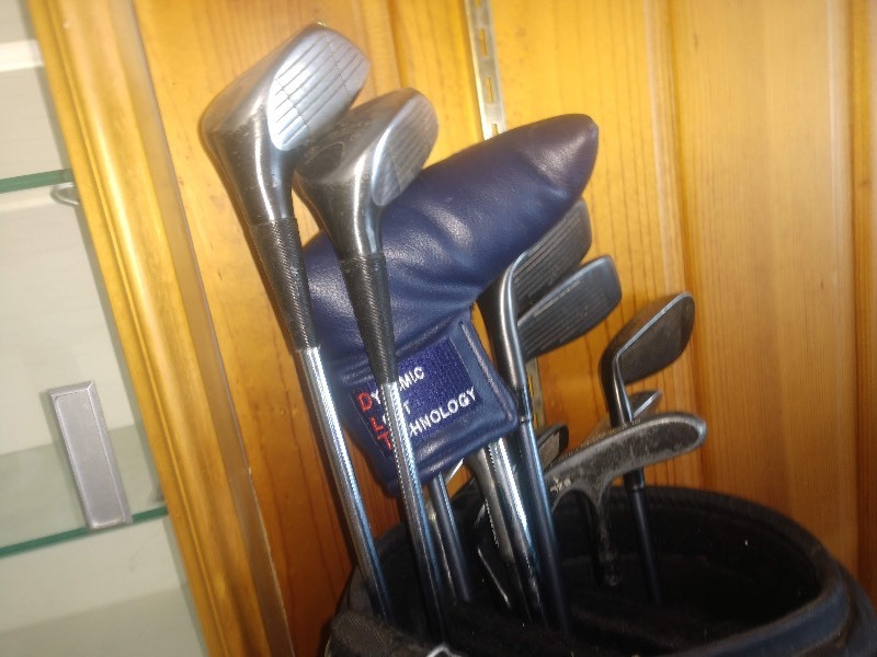 lot 64 image: Set of Golf Clubs w Wilson Bag - Dividers For Display Case - Chimney Mount - Vintage Schwans Ice Cream Container - Assorted Hardware