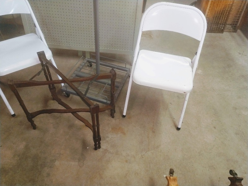 lot 65 image: White Folding Chairs (2) - Vintage Wood Table Base - Vintage Retail Display Fixture on Casters