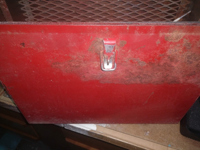 lot 70 image: Vintage Industrial Red Metal File Box w Dividers - Alarm Indicator SteadyFlash Red Light - Pre-Owned Dogtra 1600 NCP Electronic Dog Training Collar w Transmitter and Charger -Burgundy and White Marble-like Decorative Rock