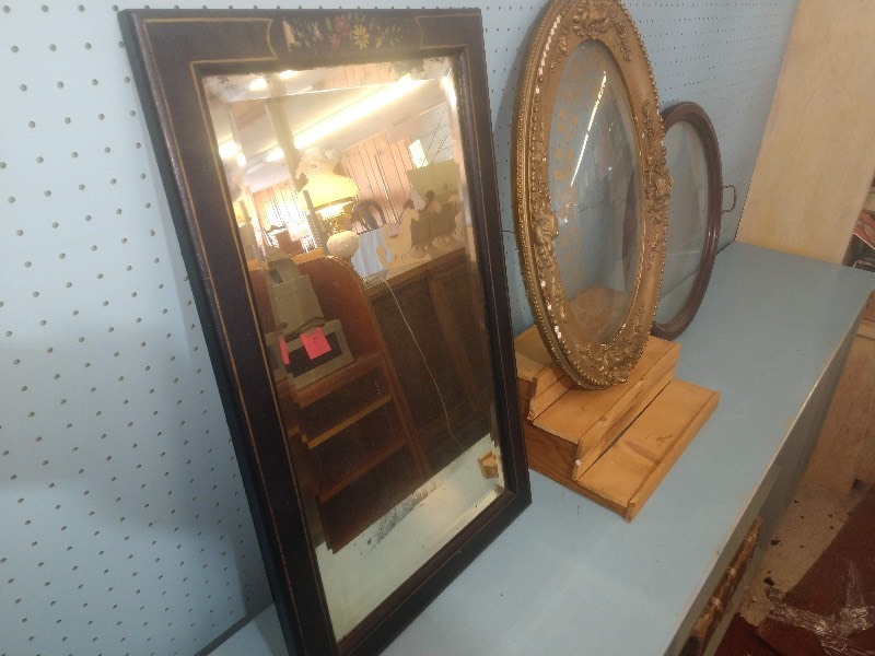 lot 71 image: Vintage Black Wood Framed Mirror with Hand Painted Flowers - Antique Bubble Glass Ornate Gold-Colored Oval Picture Frame - Vintage Round Serving Tray with Wood Frame, Clear Glass, Two Handles