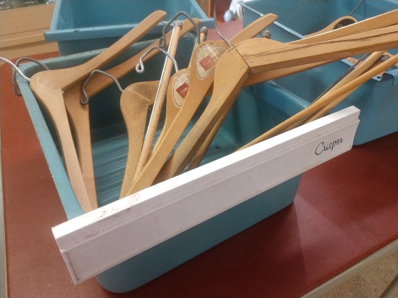 lot 104 image: Robins Egg Blue Crisper Drawers (3) and Wooden Clothes Hangers