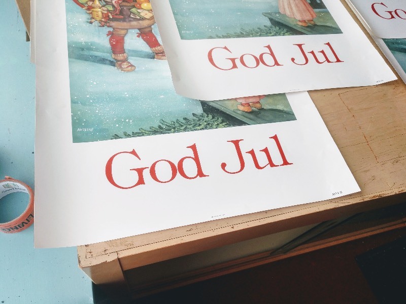 lot 109 image: Five GOD JUL (Merry Christmas in Swedish) Advertising Prints (Santa w Toys & Girl w Pink Dress on Porch)