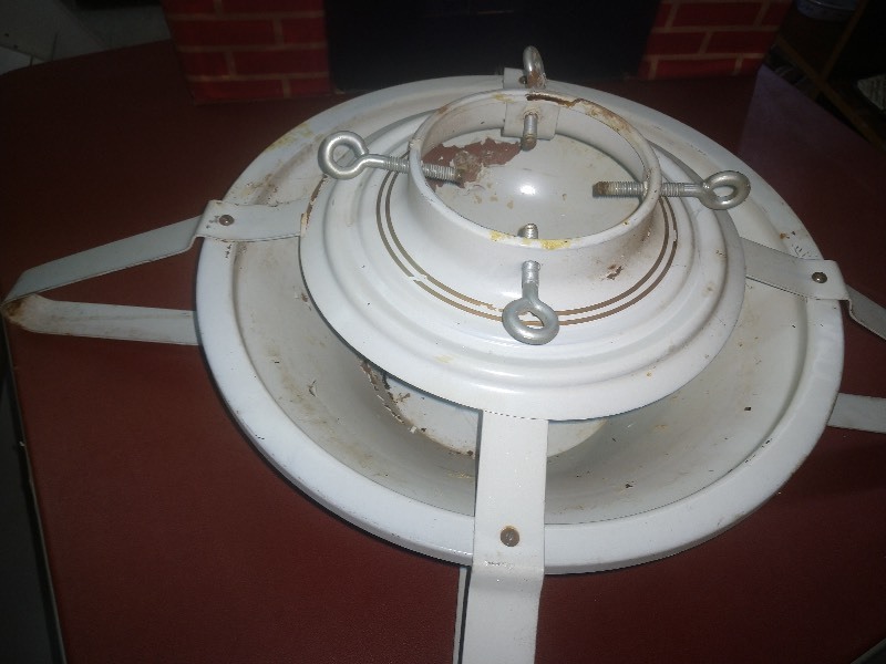 lot 111 image: Vintage White Christmas Tree Stand -Vintage Cardboard Red Brick Fireplace Display - Samsonite Card Table Style No. 8808