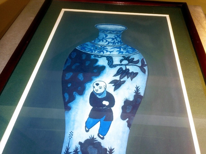 lot 8 image: Wood Framed Artwork Print of White and Blue Porcelain Vase w Little Boy Chinese Origin