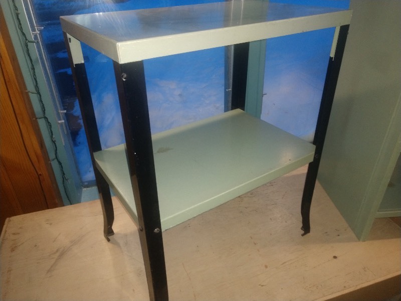 lot 132 image: Vintage Retail Store Displays w Adjustable Glass Shelving (2) - End Table w White Surface and Black Legs (1) - Wood Shelf