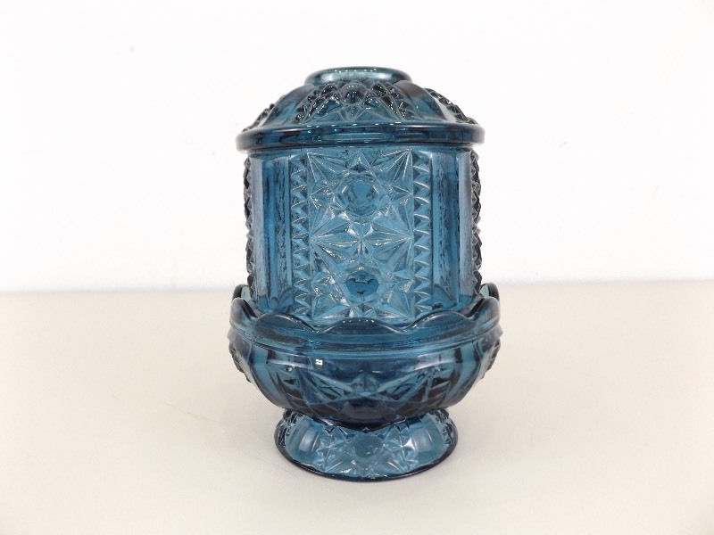 lot 9 image: Antique Deep Blue Depression Glass Covered Votive
