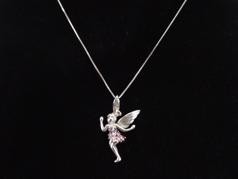 lot 68 image: .925 Sterling Silver Fairy in a Pink Crystal Dress Necklace Pendant