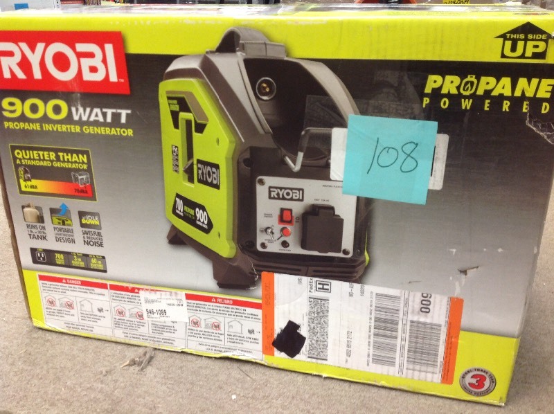 lot 108 image: RYOBI 900 Starting Watt Propane Powered Inverter Generator not used