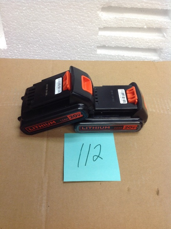 lot 112 image: Set of 2 BLACKDECKER 20-Volt Max Lithium-Ion Battery Pack 1.5Ah in working conditions
