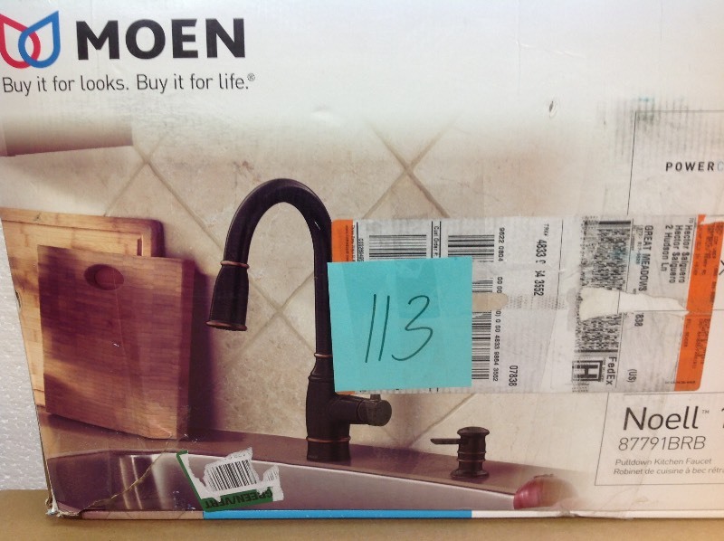 lot 113 image: MOEN Noell Single-Handle Pull-Down Sprayer Kitchen Faucet with Reflex and Power Clean in Mediterranean Bronze in good conditions