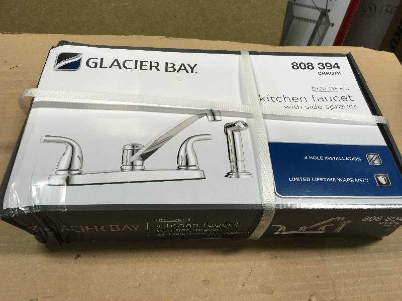 lot 7 image: Glacier Bay Builders 2-Handle Standard Kitchen Faucet with Side Sprayer and Deck Plate in Chrome in like new condition