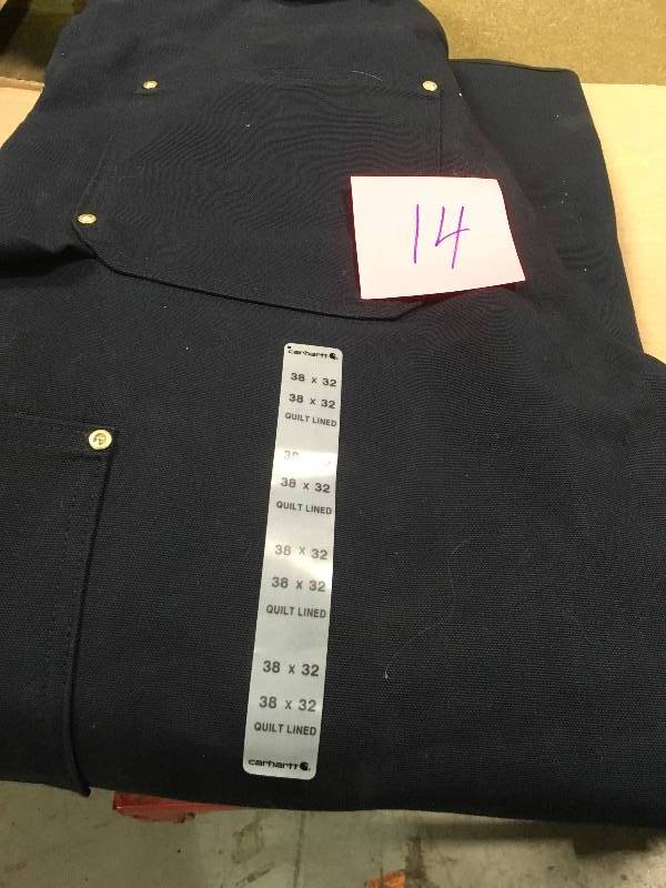 lot 14 image: Carhartt MenS 38 in x 32 in. Dark Navy Cotton Quilt Lined Zip To Thigh Bib Overalls not used