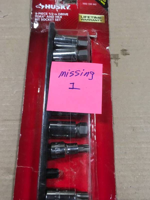 lot 25 image: Husky 12 in. Drive Torx and Hex Bit Socket Set (9-Piece) MISSING 1 PC