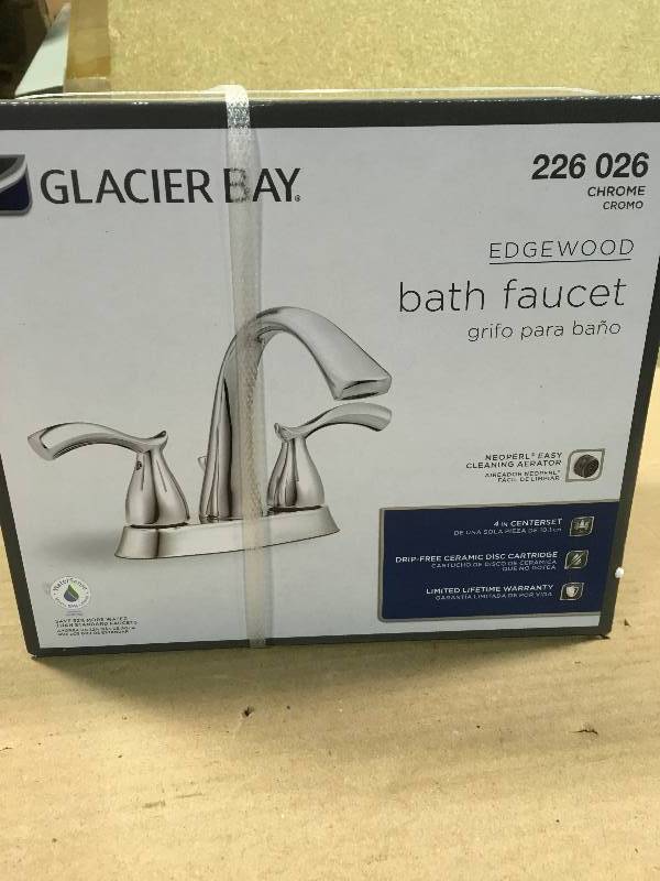 lot 31 image: Glacier Bay Edgewood 4 in. Centerset 2-Handle High-Arc Bathroom Faucet in Chrome in like new condition